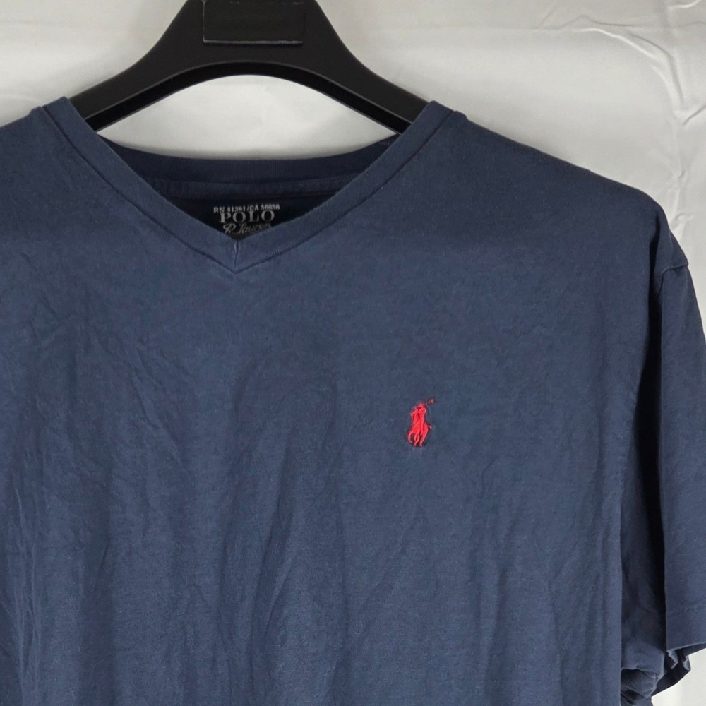 Polo Ralph Lauren Mens V-Neck T-Shirt Navy Blue Red Pony Logo Cotton Large